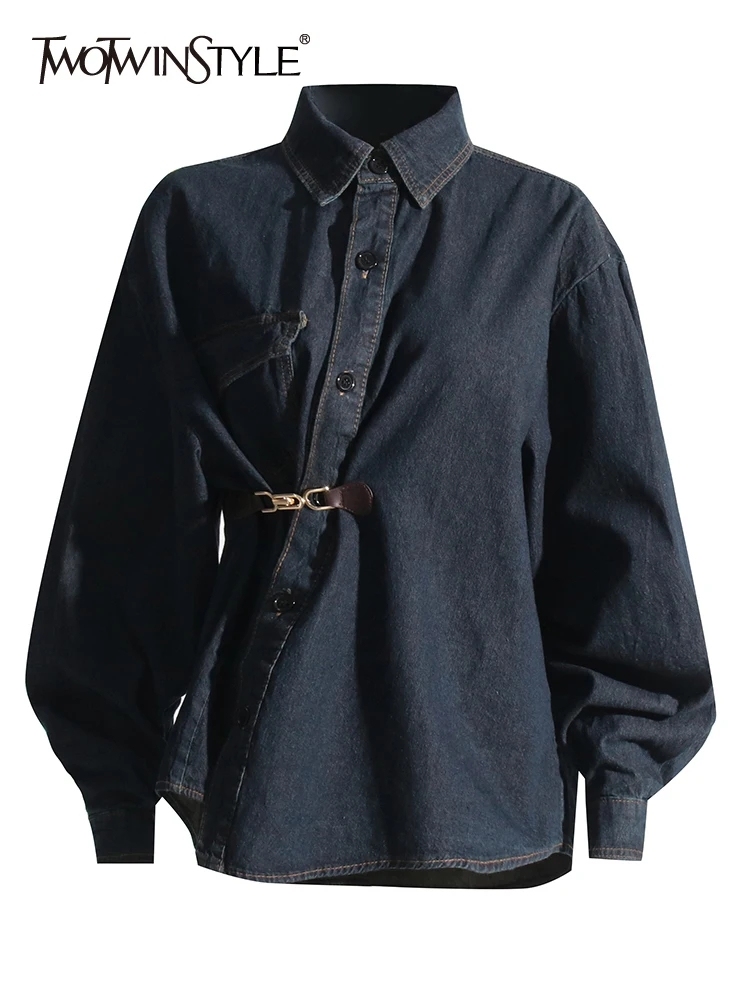 TWOTWINSTYLE Patchwork Belt Jackets For Women Lapel Long Sleeve Spliced