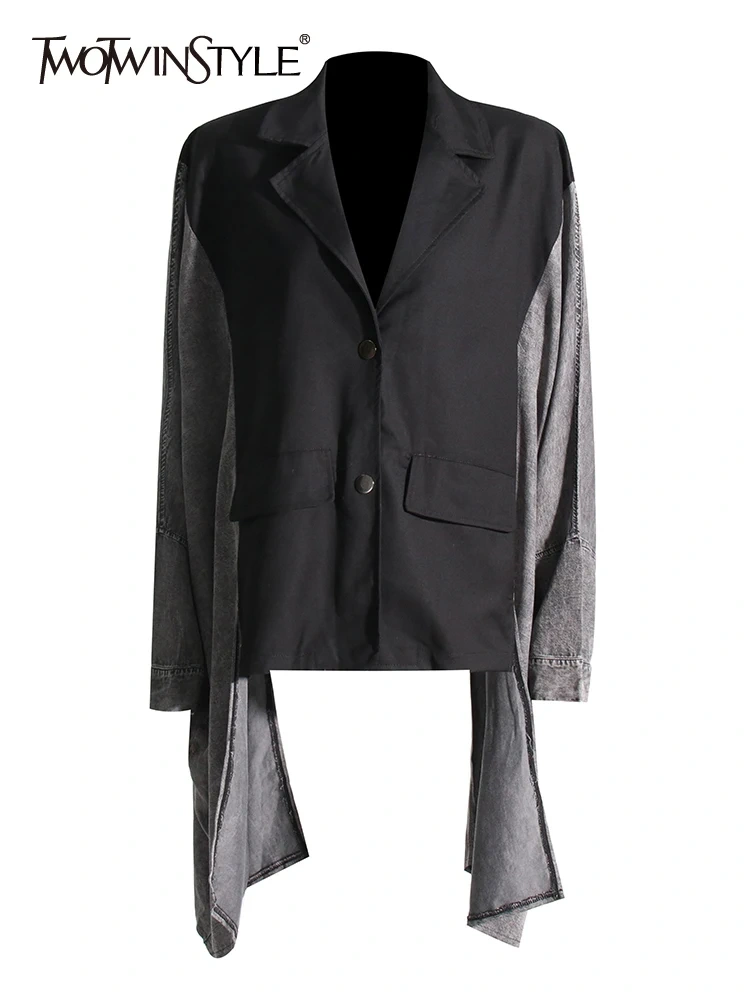 TWOTWINSTYLE Hit Color Jacket For Women Lapel Batwing Sleeve Patchwork Single Breasted Bat Sleeved Loose Jackets Female Autumn