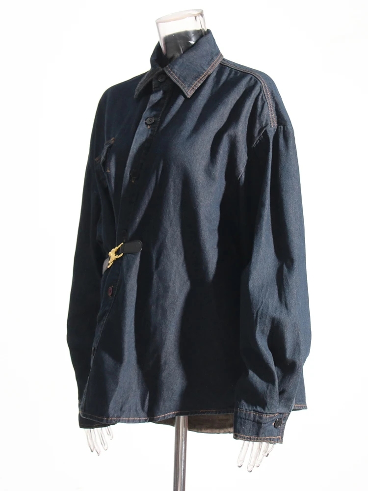 TWOTWINSTYLE Patchwork Belt Jackets For Women Lapel Long Sleeve Spliced