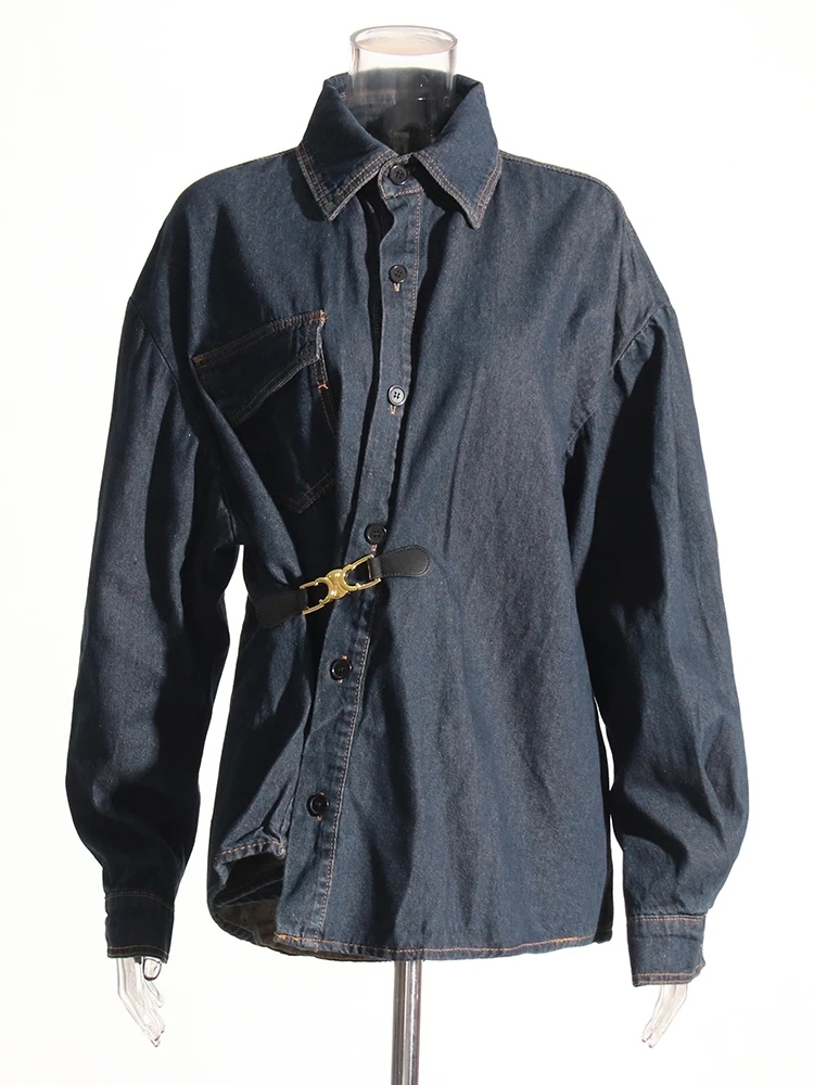 TWOTWINSTYLE Patchwork Belt Jackets For Women Lapel Long Sleeve Spliced