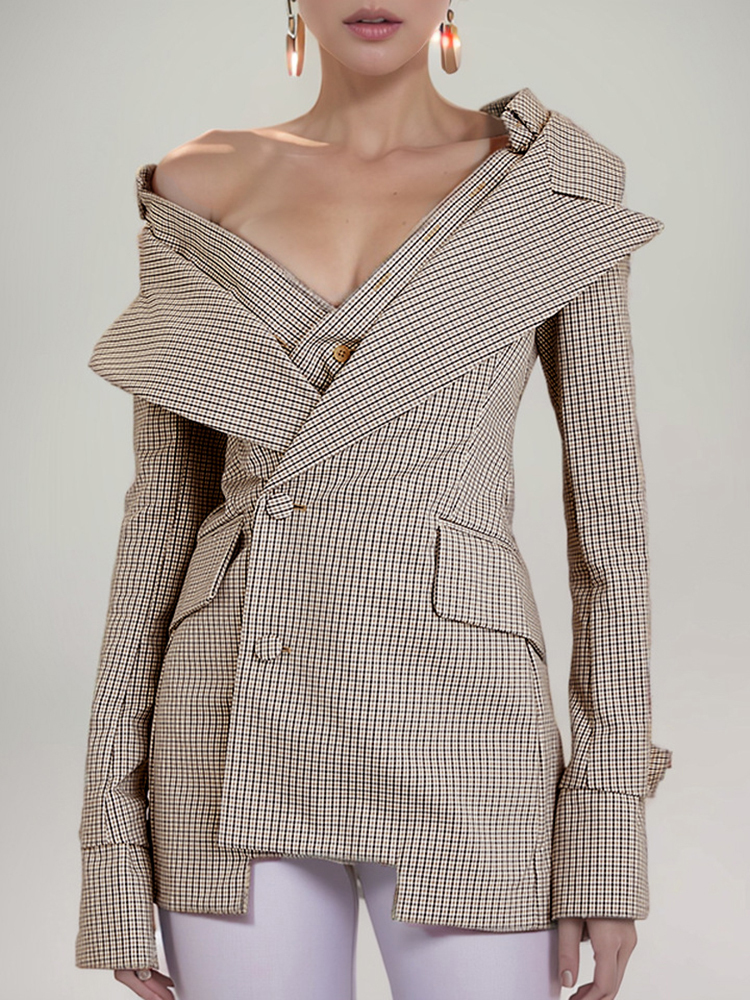 TWOTWINSTYLE Elegant Colorblock Plaid Women Formal Coats