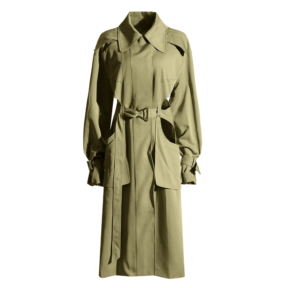 TWOTWINSTYLE Patchwork Cut Out Trench Coat For Women Lapel Long Sleeve High Waist Lace Up Solid Coats Female Clothes Fashion New