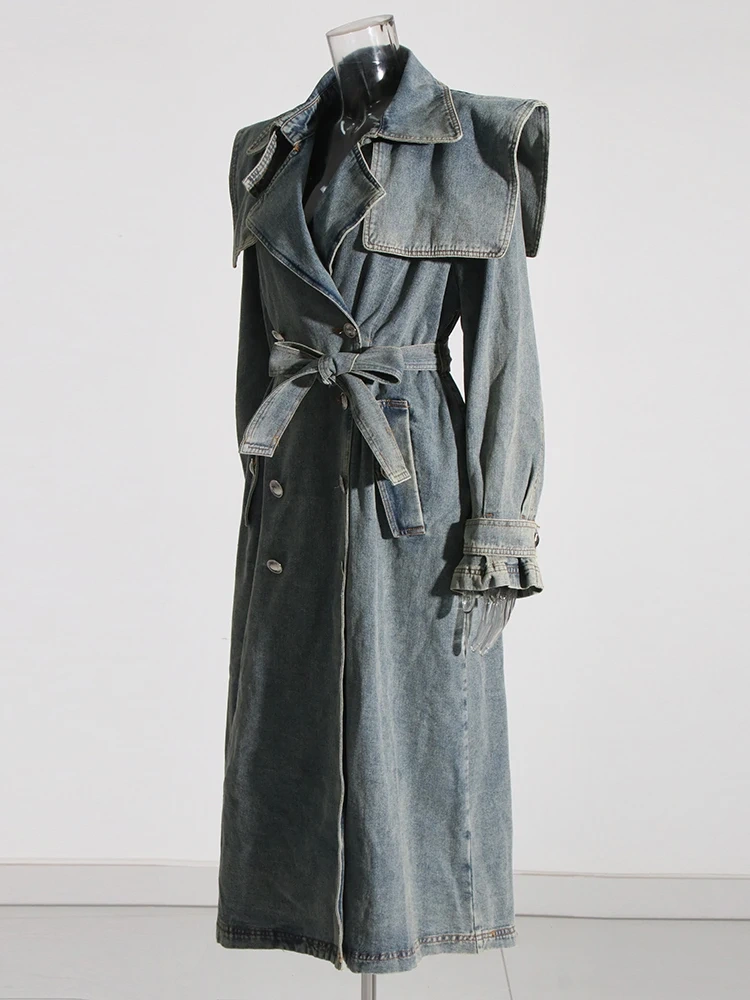 TWOTWINSTYLE Chic Denim Trenches For Women Lapel Long Sleeve Paatchwork Belt Tunic Spliced Pockets Long Trench Female Fashion