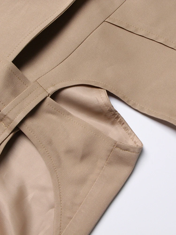 TWOTWINSTYLE Patchwork Cut Out Trench Coat For Women Lapel Long Sleeve High Waist Lace Up Solid Coats Female Clothes Fashion New