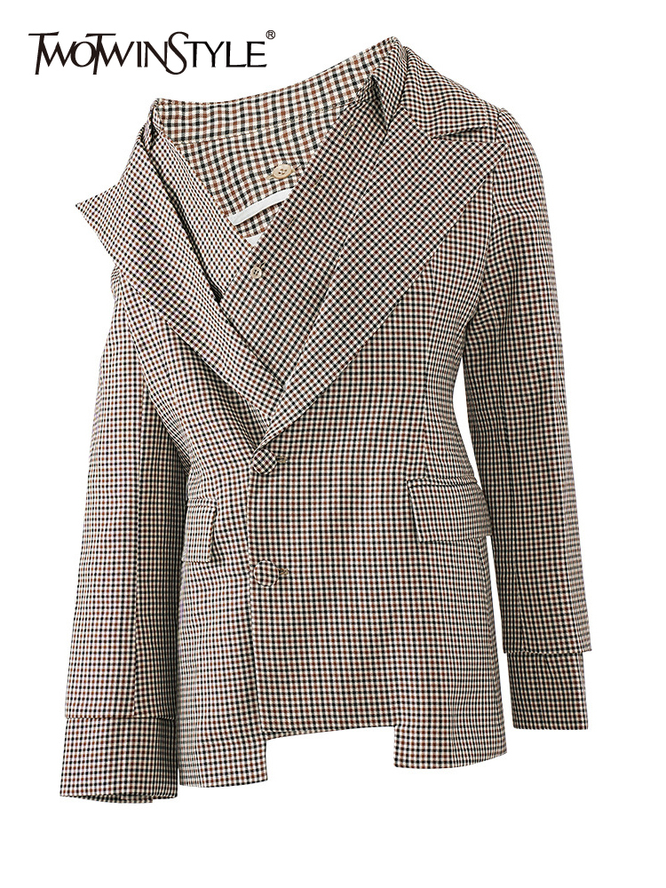 TWOTWINSTYLE Elegant Colorblock Plaid Women Formal Coats