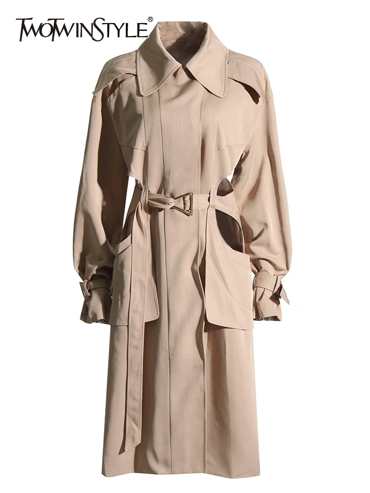 TWOTWINSTYLE Patchwork Cut Out Trench Coat For Women Lapel Long Sleeve High Waist Lace Up Solid Coats Female Clothes Fashion New