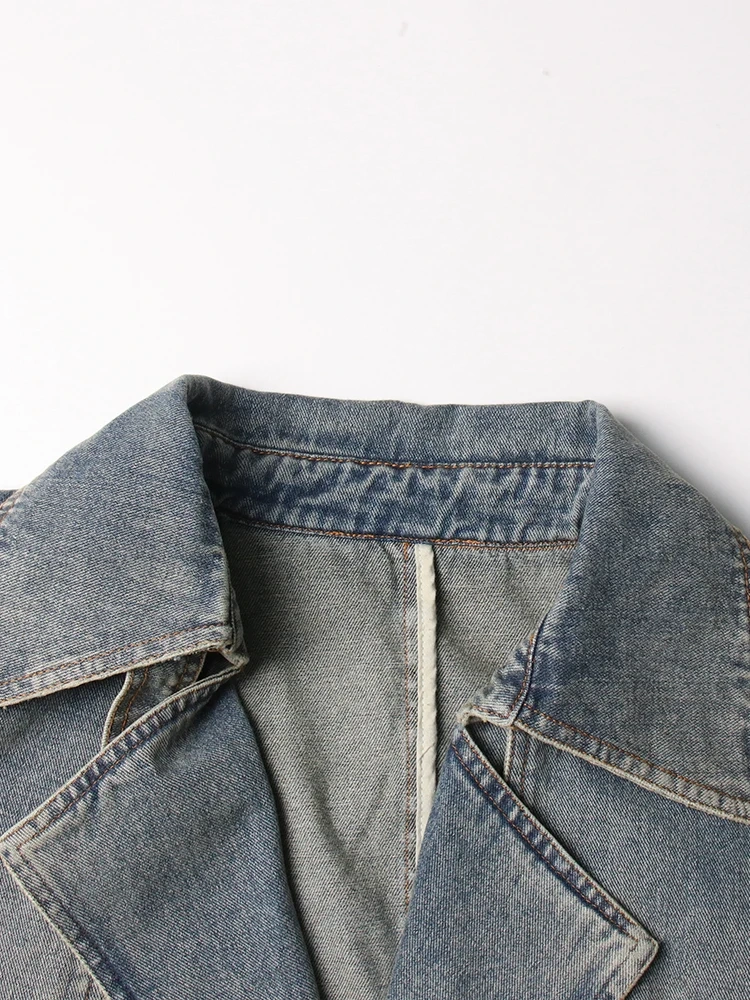 TWOTWINSTYLE Chic Denim Trenches For Women Lapel Long Sleeve Paatchwork Belt Tunic Spliced Pockets Long Trench Female Fashion