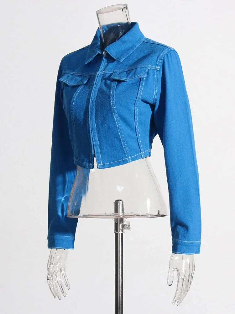 TWOTWINSTYLE Solid Casual Denim Jackets For Women Lapel Long Sleeve Slimming Chic Temperament Jacket Female Fashion Clothing New