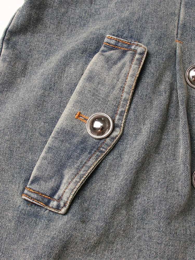 TWOTWINSTYLE Chic Denim Trenches For Women Lapel Long Sleeve Paatchwork Belt Tunic Spliced Pockets Long Trench Female Fashion