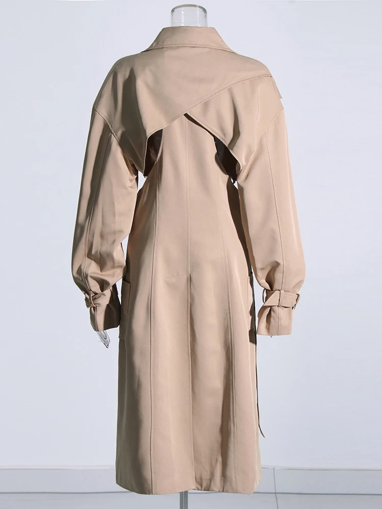 TWOTWINSTYLE Patchwork Cut Out Trench Coat For Women Lapel Long Sleeve High Waist Lace Up Solid Coats Female Clothes Fashion New