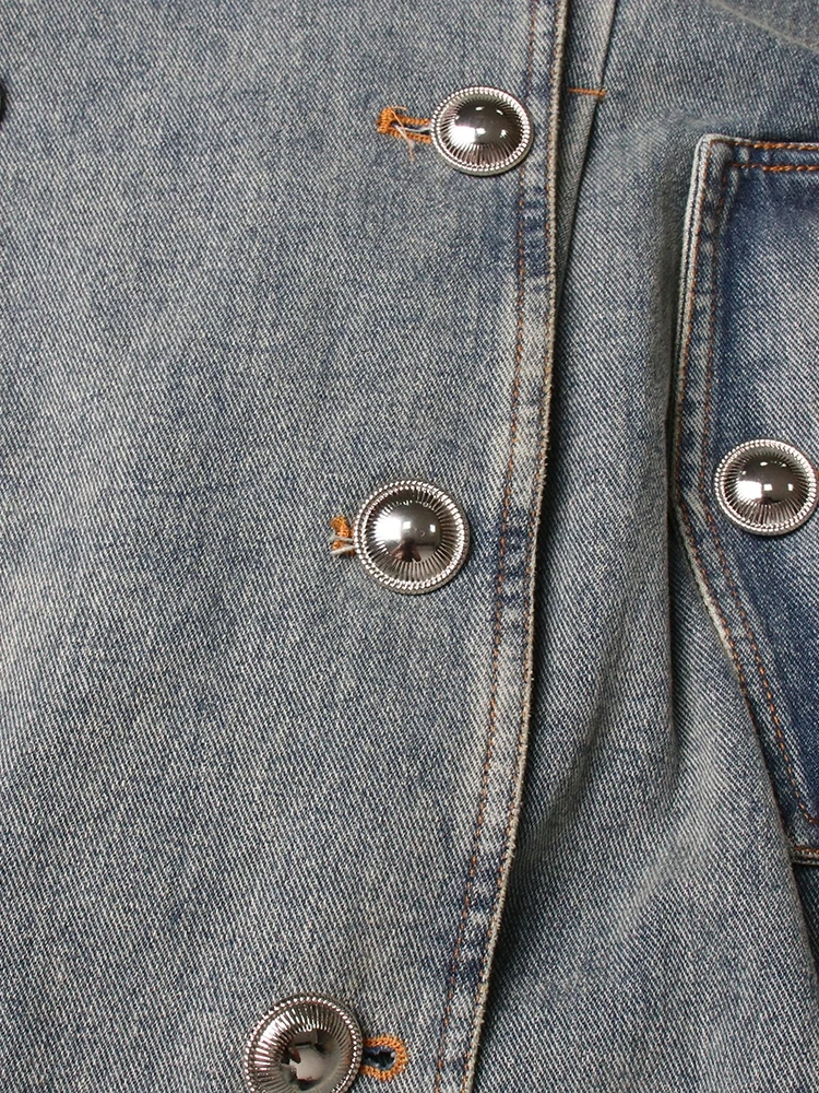 TWOTWINSTYLE Chic Denim Trenches For Women Lapel Long Sleeve Paatchwork Belt Tunic Spliced Pockets Long Trench Female Fashion