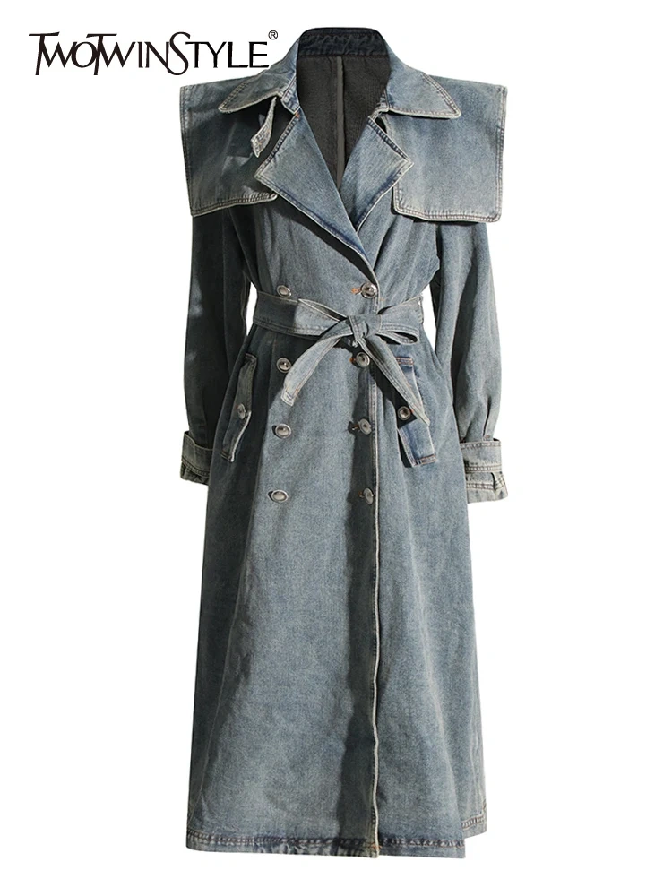 TWOTWINSTYLE Chic Denim Trenches For Women Lapel Long Sleeve Paatchwork Belt Tunic Spliced Pockets Long Trench Female Fashion