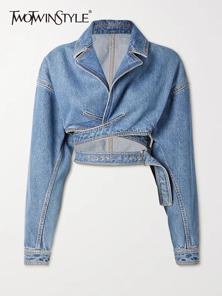 TWOTWINSTYLE Solid Streetwear Spliced Folds Women Denim Coats