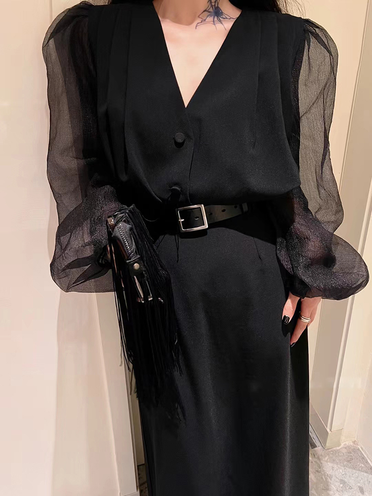 TWOTWINSTYLE Solid Loose V Neck Puff Sleeve Women Elegant Coats