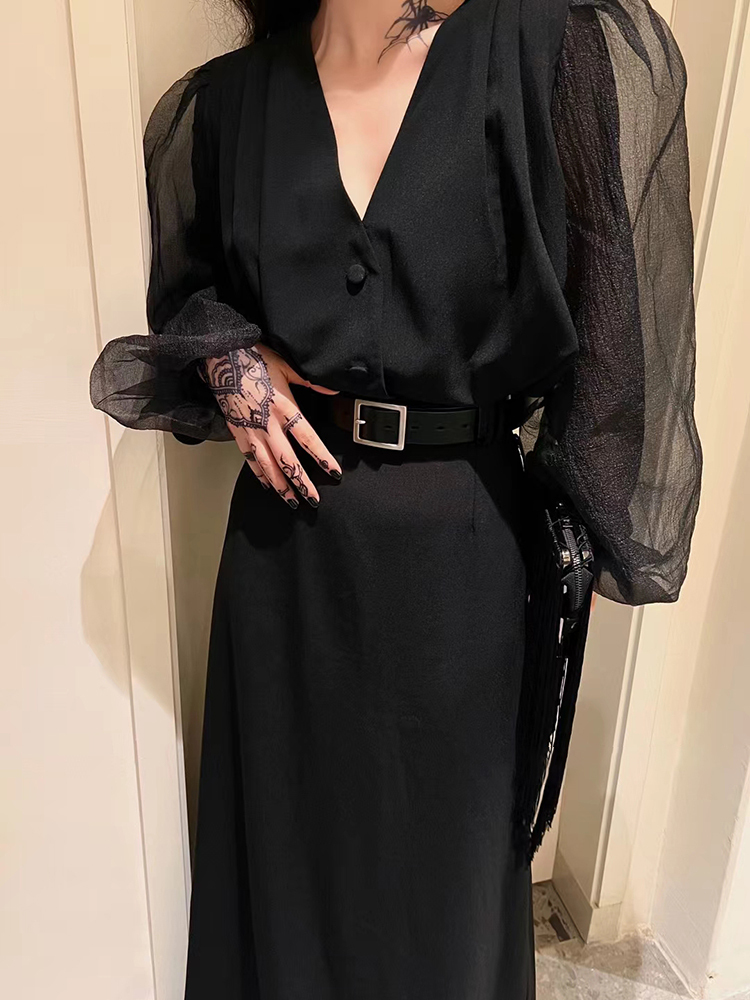 TWOTWINSTYLE Solid Loose V Neck Puff Sleeve Women Elegant Coats