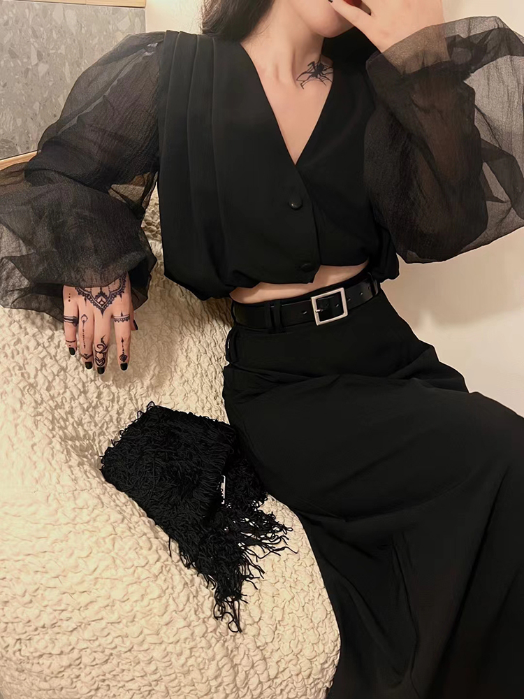 TWOTWINSTYLE Solid Loose V Neck Puff Sleeve Women Elegant Coats