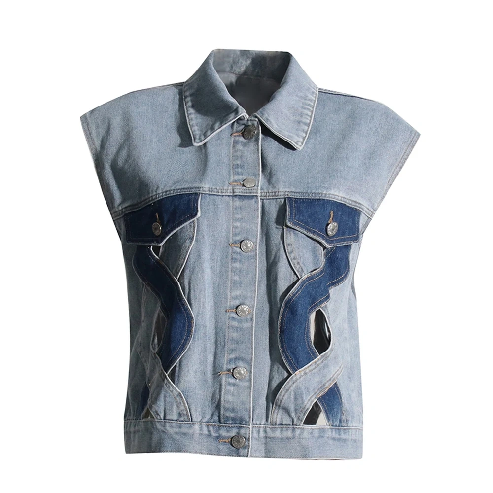TWOTWINSTYLE Hit Color Denim Waistcoats For Women Lapel Sleeveless Hollow Out Loose Casual Waistcoat Female Fashion Clothing New