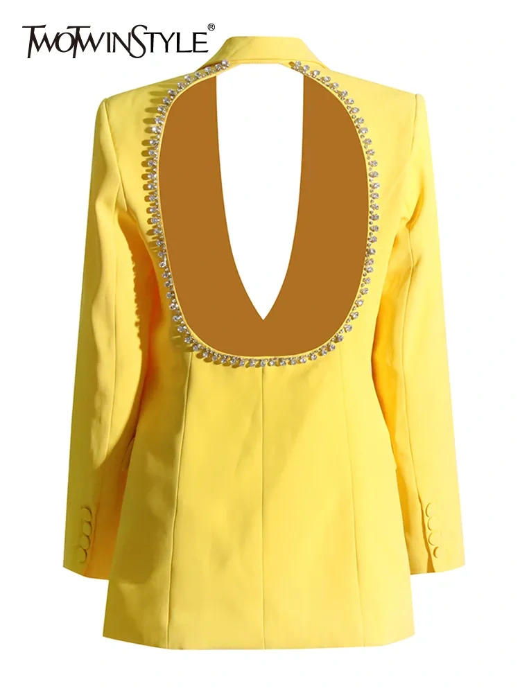 TWOTWINSTYLE Patchwork Diamonds Blazers For Women Notched Collar Long Sleeve Tunic Hollow Out Solid Blazer Female Fashion 2023