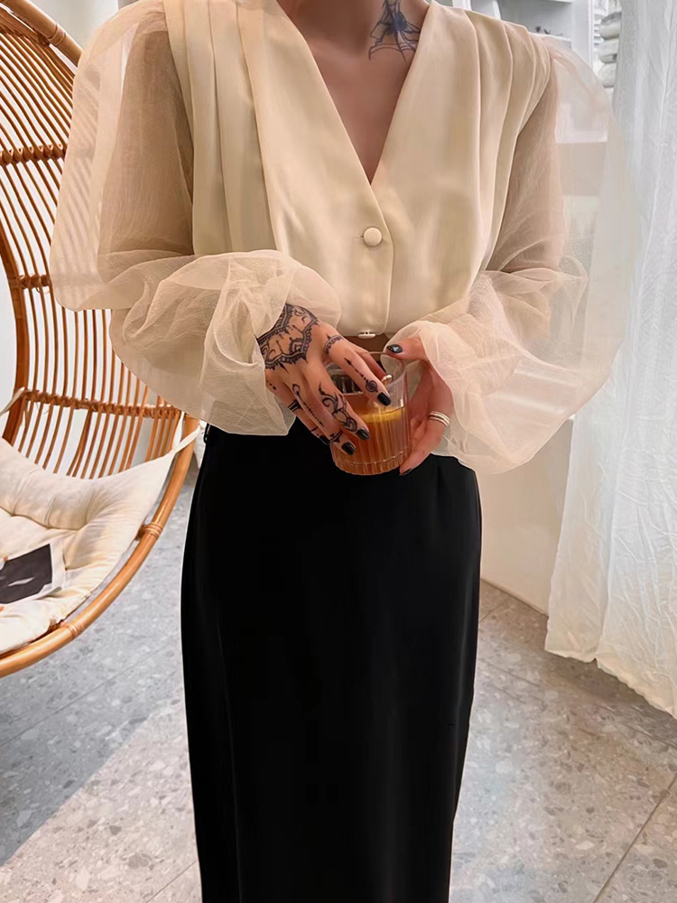 TWOTWINSTYLE Solid Loose V Neck Puff Sleeve Women Elegant Coats