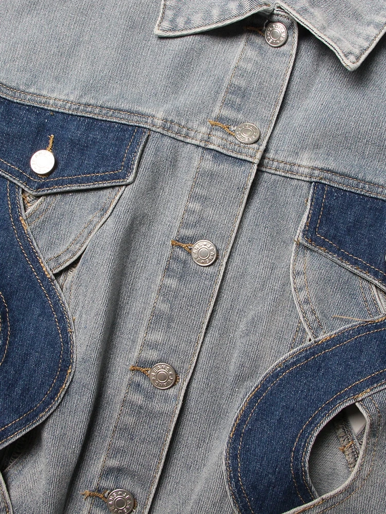 TWOTWINSTYLE Hit Color Denim Waistcoats For Women Lapel Sleeveless Hollow Out Loose Casual Waistcoat Female Fashion Clothing New