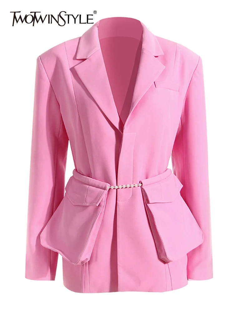 TWOTWINSTYLE Patchwork Pearls Blazers For Women Notched Collar Long Sleeve Slim Autumn Blazer Female Fashion Clothing 20023 New