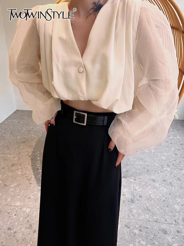 TWOTWINSTYLE Solid Loose V Neck Puff Sleeve Women Elegant Coats