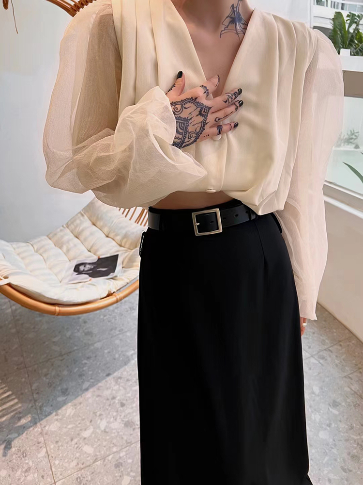 TWOTWINSTYLE Solid Loose V Neck Puff Sleeve Women Elegant Coats