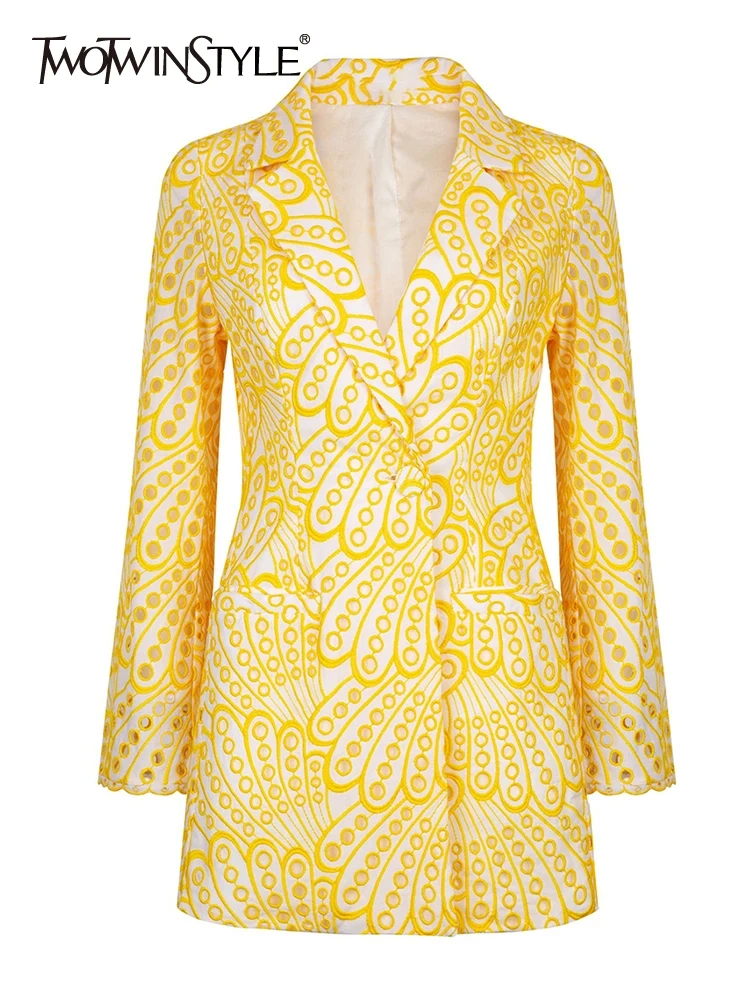 TWOTWINSTYLE Slim Embroidery Blazer For Women Notched Collar Long Sleeve Print Colorblock Cut Out Blazers Female Clothing Autumn
