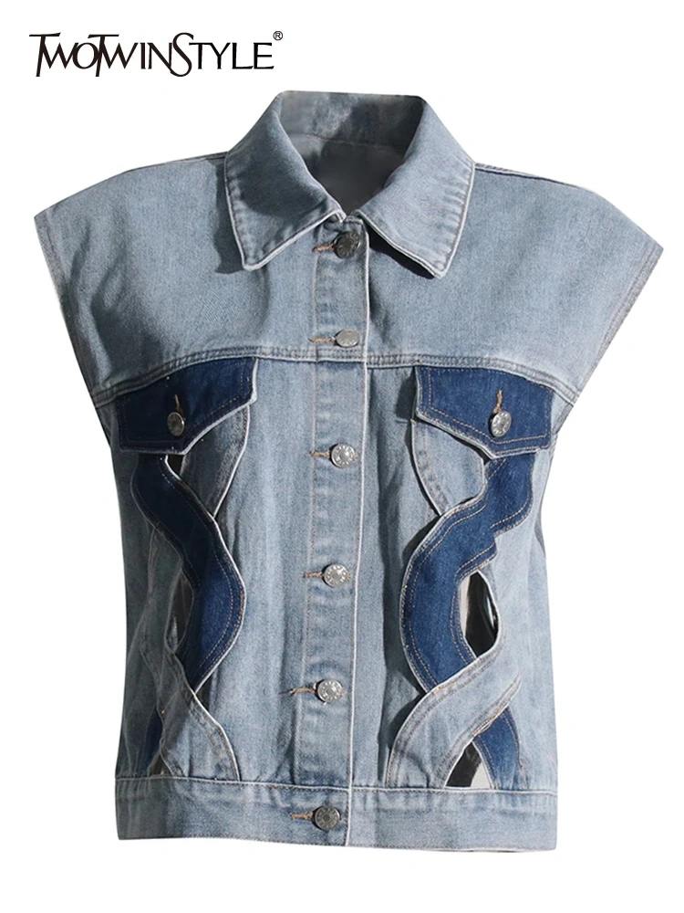 TWOTWINSTYLE Hit Color Denim Waistcoats For Women Lapel Sleeveless Hollow Out Loose Casual Waistcoat Female Fashion Clothing New