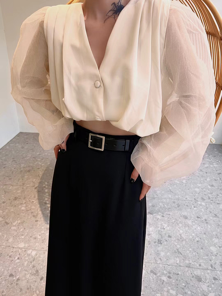 TWOTWINSTYLE Solid Loose V Neck Puff Sleeve Women Elegant Coats