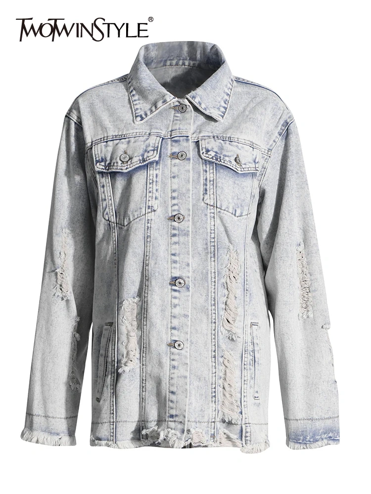 TWOTWINSTYLE Streetwear Patchwork Button Hole Jacket For Women Lapel Long Sleeve Spliced Pocket Designer Denim Coats Female New
