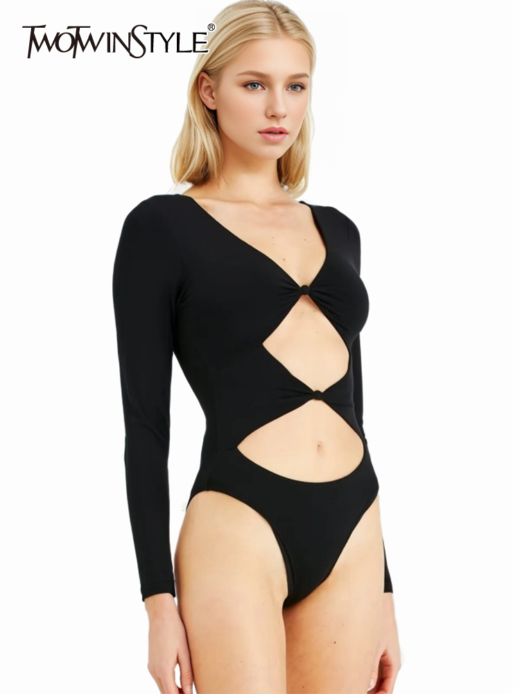 TWOTWINSTYLE Solid Sexy Hollow Out V Neck Women Designer Jumpsuits