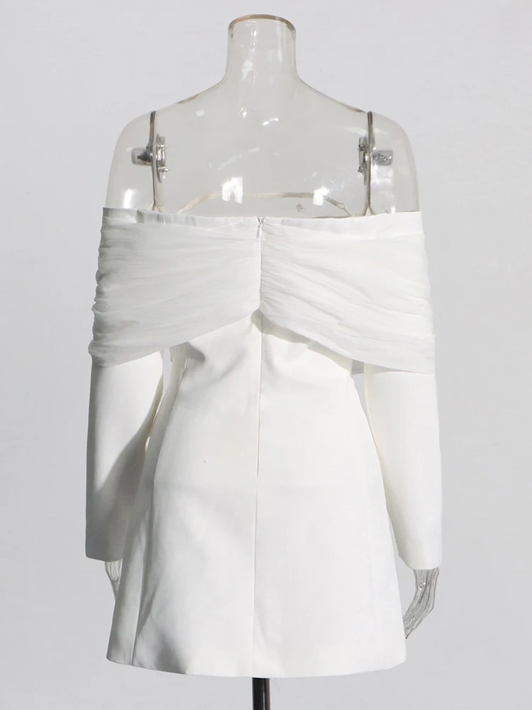 TWOTWINSTYLE Solid Sexy Patchwork Mesh Blazer For Women Slash Neck Long Sleeve Spliced Button Temperament Blazers Female Style