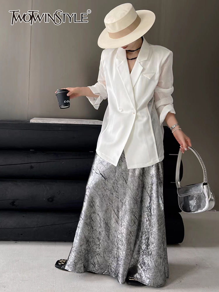 TWOTWINSTYLE Solid Elegant Patchwork Mesh Women Formal Blazers