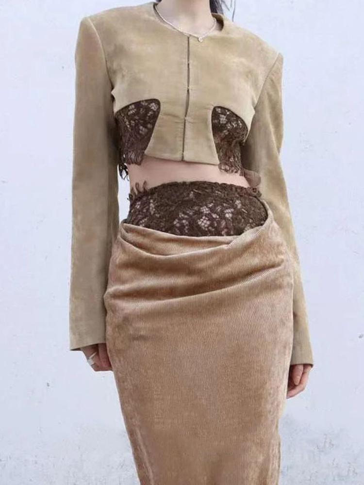 TWOTWINSTYLE Solid Temperament Patchwork Lace Women Elegant Coats