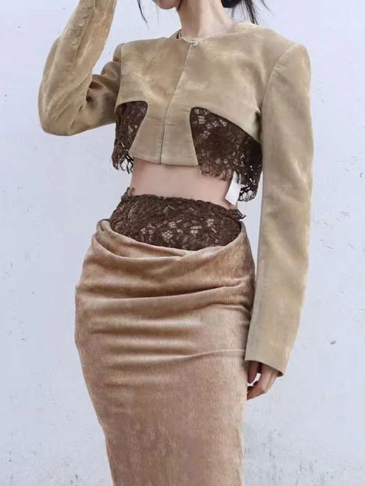 TWOTWINSTYLE Solid Temperament Patchwork Lace Women Elegant Coats