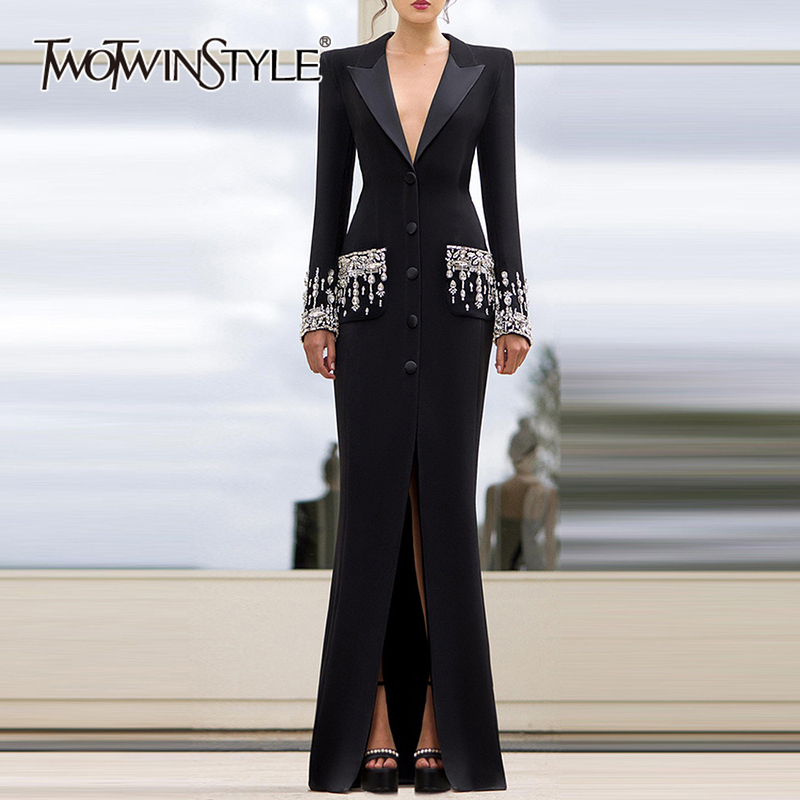 TWOTWINSTYLE Elegant Colorblock Spliced Diamonds Women Slimming Blazers