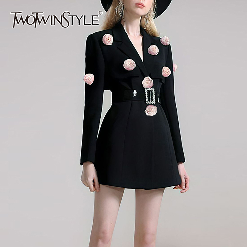 TWOTWINSTYLE Designer Colorblock Spliced Appliques Women Chic Blazers