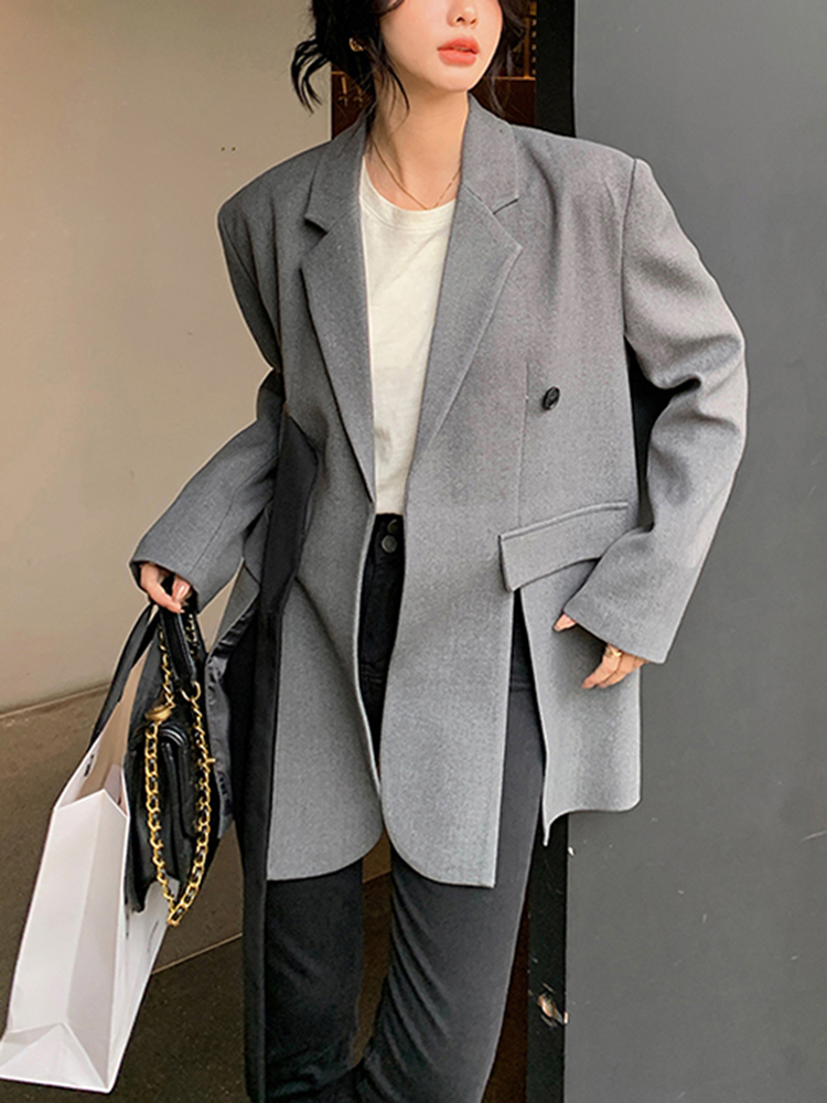 TWOTWINSTYLE Solid Temperament Spliced Button Women Loose Blazers