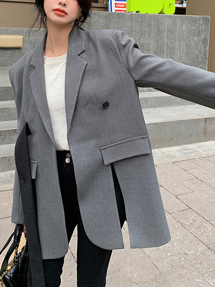 TWOTWINSTYLE Solid Temperament Spliced Button Women Loose Blazers