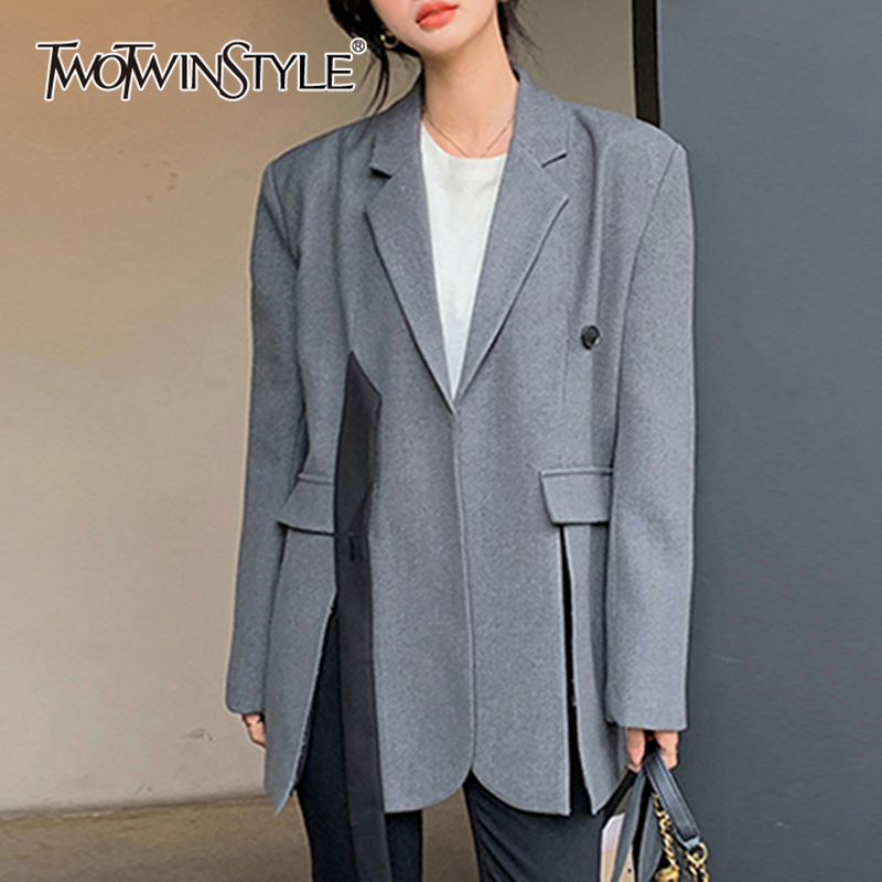 TWOTWINSTYLE Solid Temperament Spliced Button Women Loose Blazers