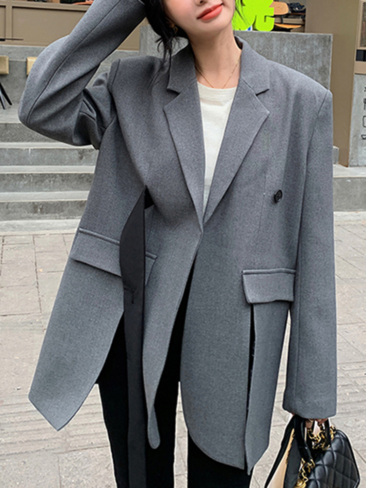TWOTWINSTYLE Solid Temperament Spliced Button Women Loose Blazers