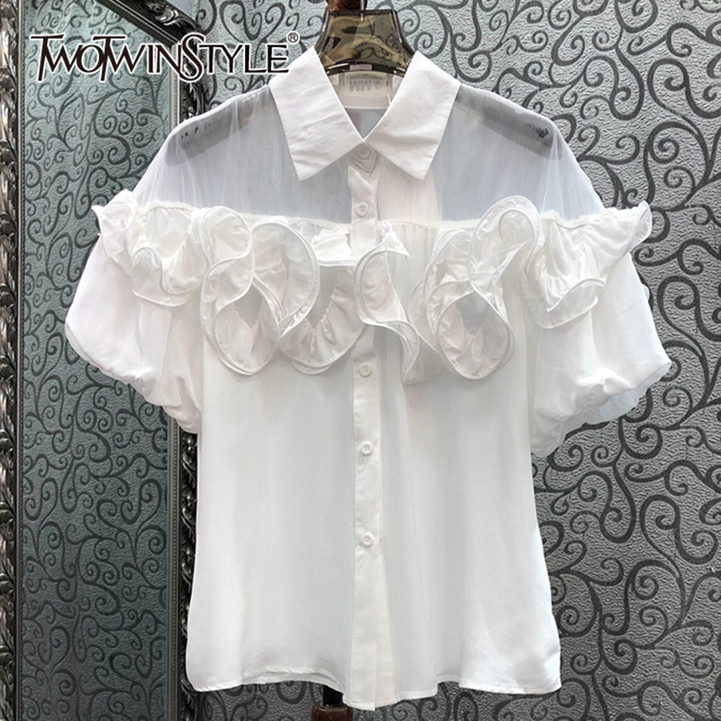 TWOTWINSTYLE Solid Elegant Spliced Appliques Women Chic Shirts