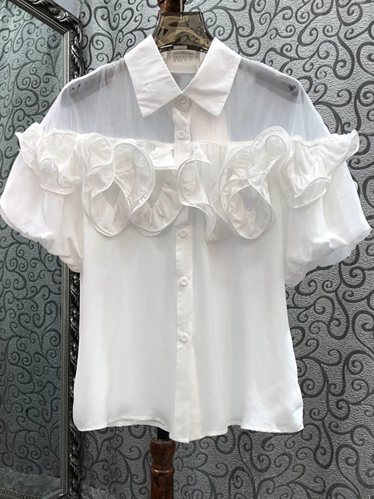 TWOTWINSTYLE Solid Elegant Spliced Appliques Women Chic Shirts