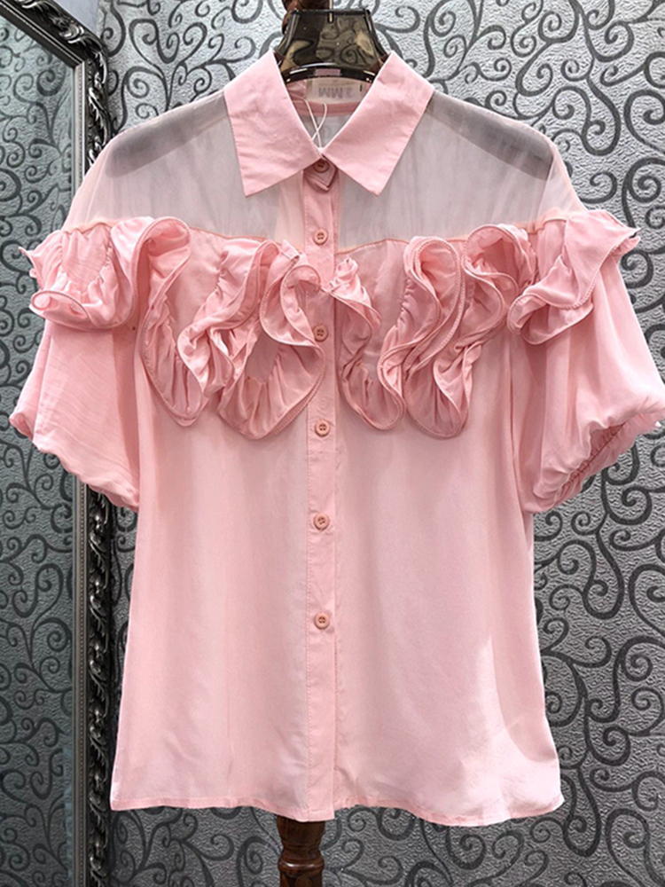 TWOTWINSTYLE Solid Elegant Spliced Appliques Women Chic Shirts