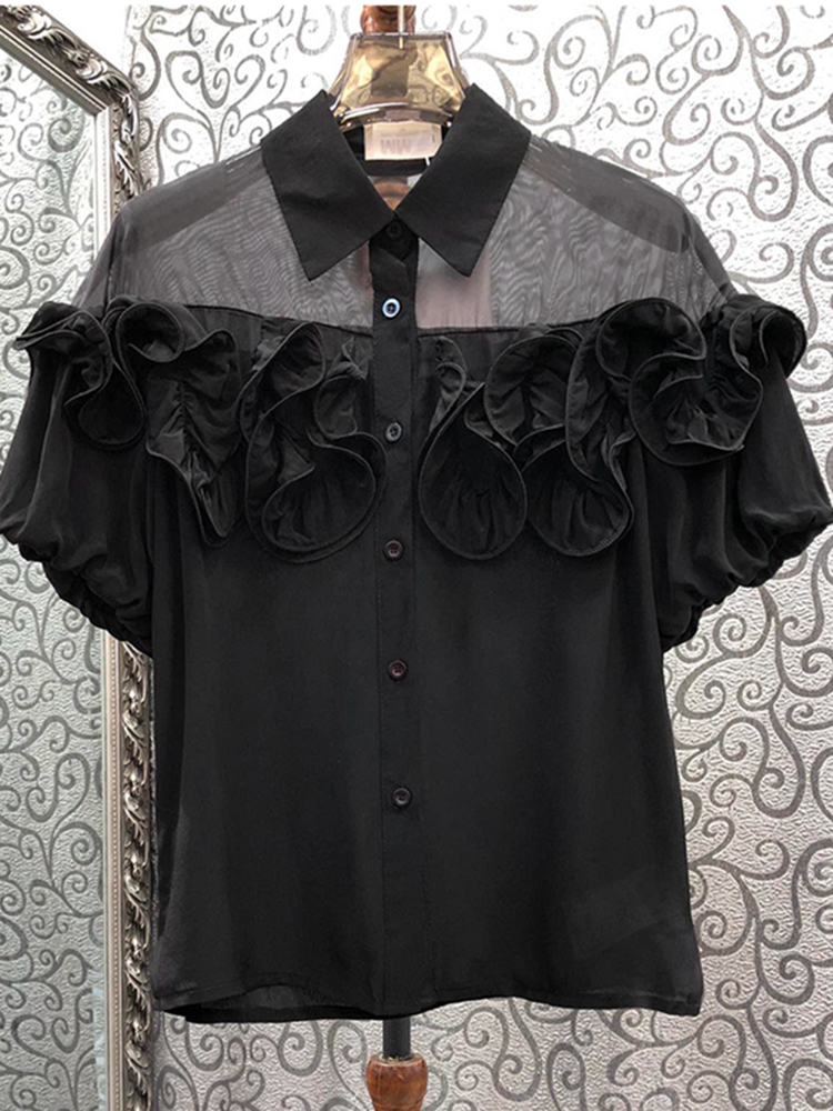 TWOTWINSTYLE Solid Elegant Spliced Appliques Women Chic Shirts