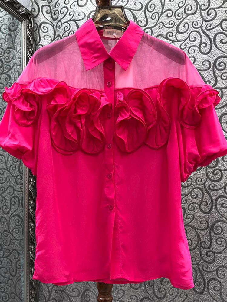 TWOTWINSTYLE Solid Elegant Spliced Appliques Women Chic Shirts