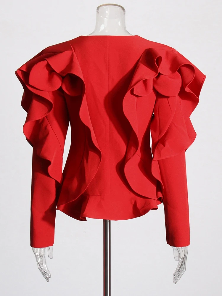 TWOTWINSTYLE Solid Spliced Ruffles Temperament Blazers For Women V Neck Long Sleeve Irregular Designer Chic Blazer Female New