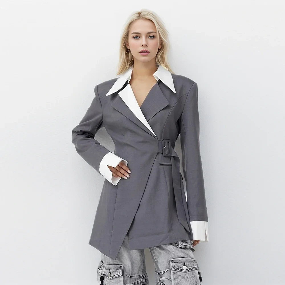 TWOTWINSTYLE Casual Colorblock Spliced Belt Blazer For Women Notched Collar Long Sleeve Patchwork Pocket Chic Blazers Female New