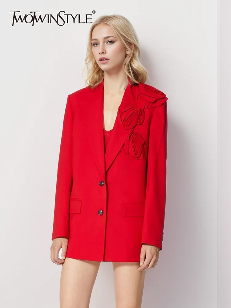 TWOTWINSTYLE Patchwork Appliques Blazer For Women Notched Collar Long Sleeve Spliced Pocket Temperament Blazers Female Fashion